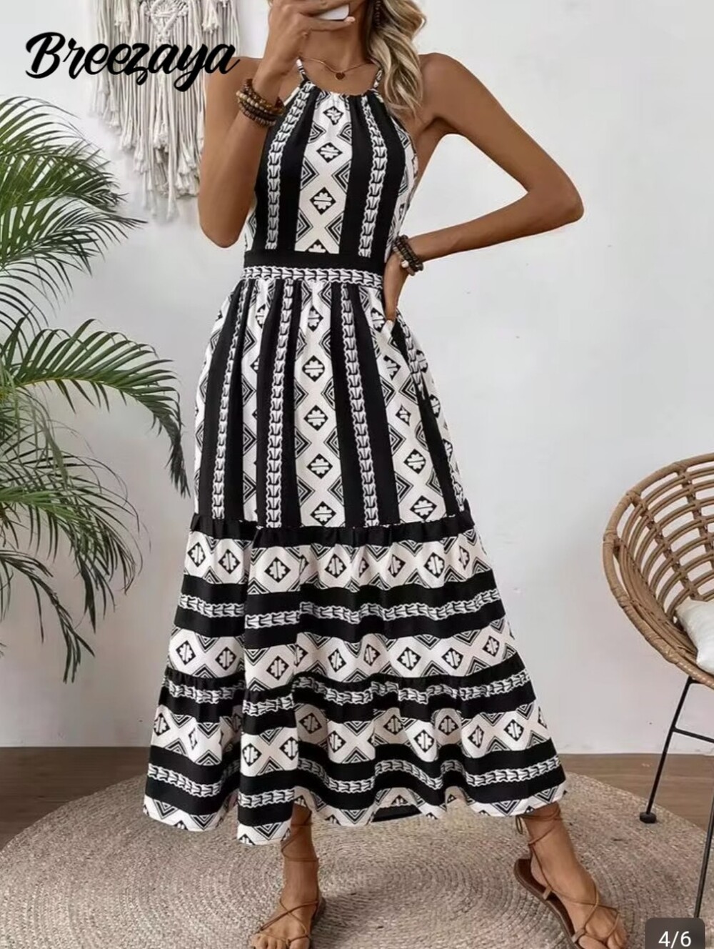 Shein Breezaya Print Open Back High Neck Maxi Midi Dress Small Black White NWT